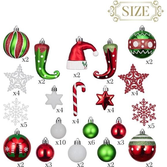 70ct Elf Christmas Ornaments Set, Red Green‎ White Shatterproof Ball Decorations - Picture 3 of 7